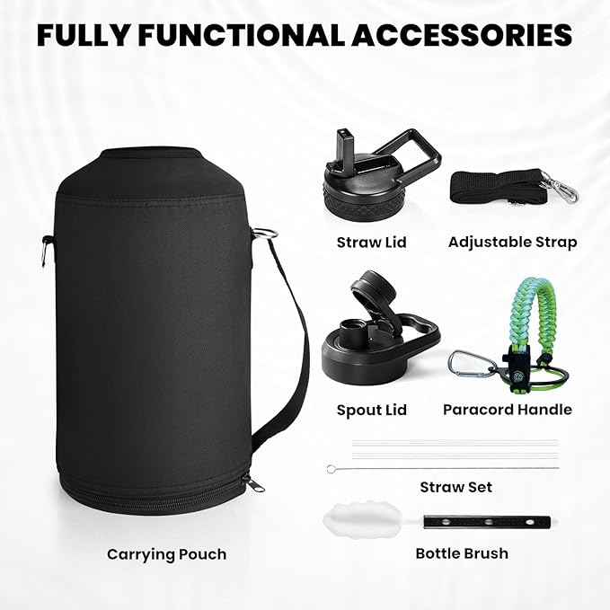 One Gallon Water Bottle Insulated, Triple Walled Vacuum Stainless Steel (Cold for 48 Hrs), Leak Proof & Non-BPA, Large Water Flask Jug with Paracord Handle & Straw Spout Lids