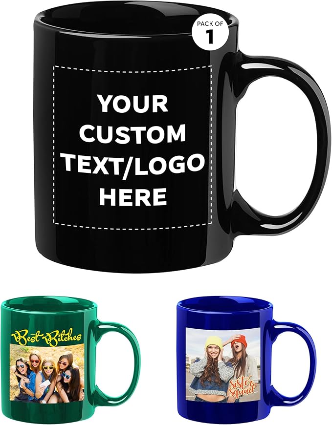 Custom Ceramic Coffee Mugs 11 oz. Set of 1, Personalized Bulk Pack - Coffee cup set, Iced coffee cup, Gaming mug - Midnight Black