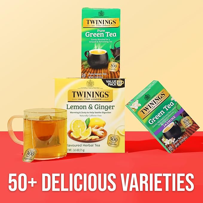 Twinings Pure Green Tea Individually Wrapped Bags, 25 Count (Pack of 6), Smooth Flavour, Enticing Aroma, Caffeinated, Enjoy Hot or Iced, 150 Teabags