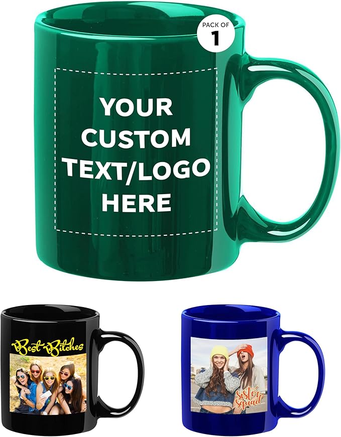 Custom Ceramic Coffee Mugs 11 oz. Set of 1, Personalized Bulk Pack - Coffee cup set, Iced coffee cup, Gaming mug - Green