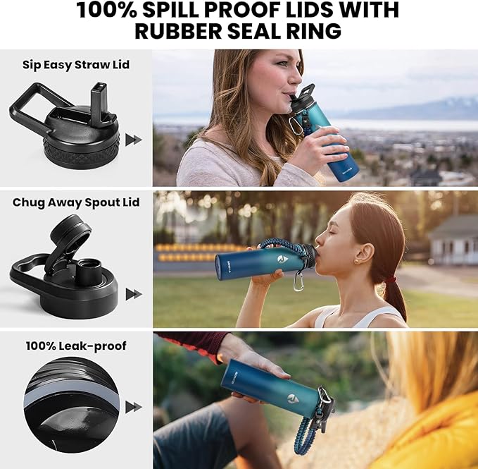 Insulated Water Bottle 24oz, Triple Wall Vacuum Stainless Steel (Cold for 48 Hrs, Hot for 24Hrs), Leak Proof & Non-BPA, 24oz Hydro Water Flask with Paracord Handle & Straw Spout Lids