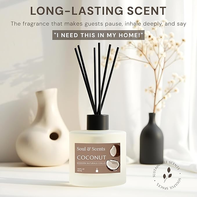 Soul & Scents Reed Diffuser Set – Coconut | 7.43 oz Refillable Scented Oil with 6 Fiber Sticks | Long-Lasting Home Fragrance & Air Freshener for Bedroom, Bathroom, Office | Gift & Décor Piece