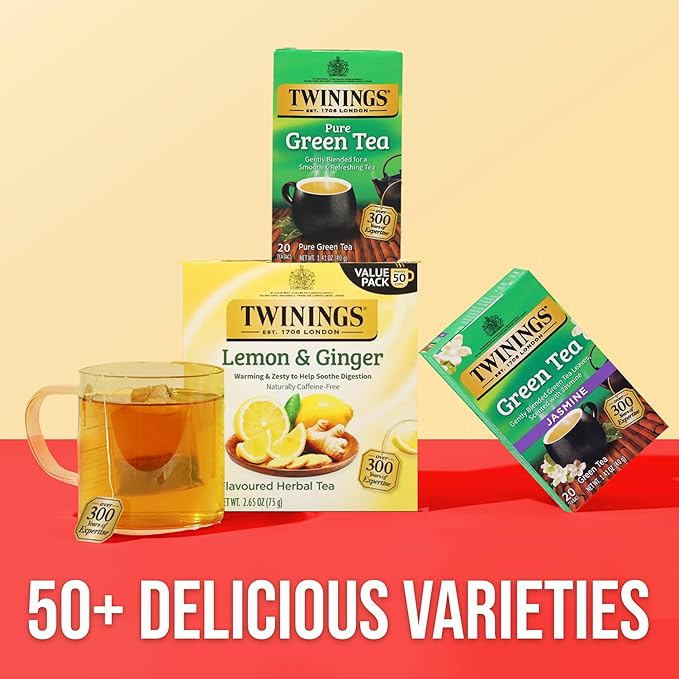 Twinings Pure Green Tea Individually Wrapped Bags, 20 Count (Pack of 6), Smooth Flavour, Enticing Aroma, Caffeinated, Enjoy Hot or Iced, 120 Teabags