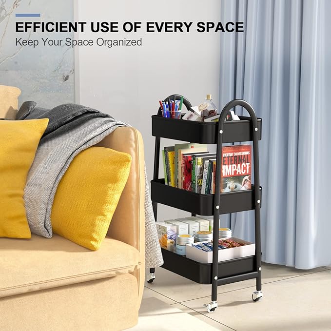 EAGMAK 3 Tier Utility Rolling Cart, Metal Storage Cart with Handle and Lockable Wheels, Multifunctional Storage Organizer Trolley with Mesh Baskets for Kitchen, Living Room, Office, Garage (Black)