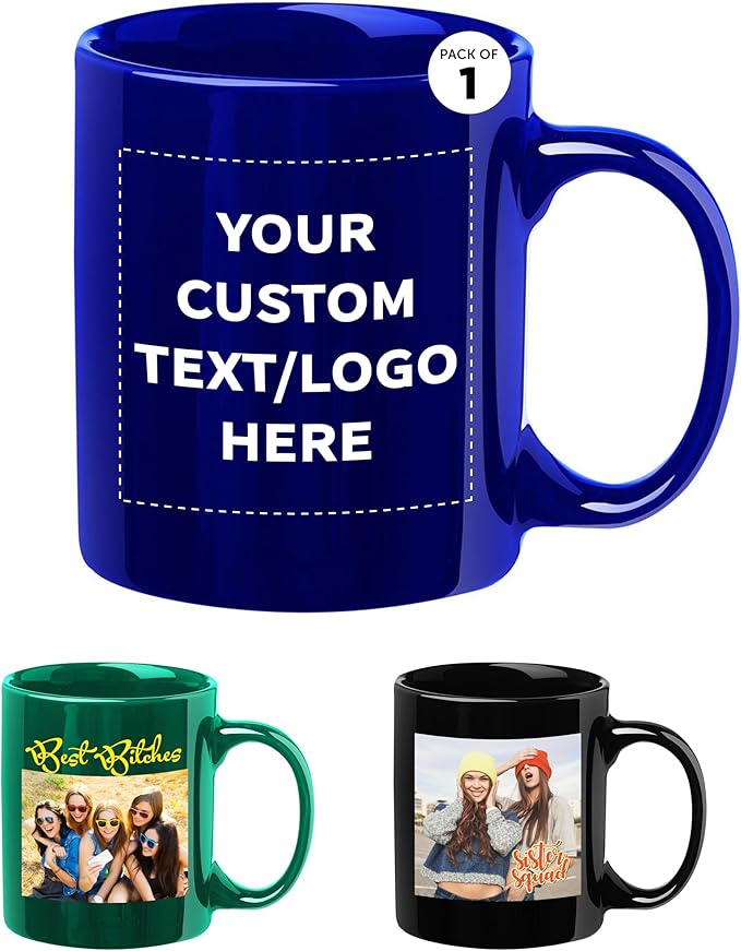 Custom Ceramic Coffee Mugs 11 oz. Set of 1, Personalized Bulk Pack - Coffee cup set, Iced coffee cup, Gaming mug - Royal Blue