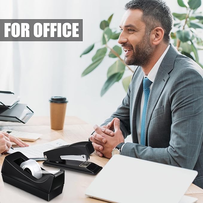 Thenshop 12 Pcs Desk Staplers Tape Dispensers Sets Black Staplers for Desktop Office with Standard Staples Black Holder with White Tape for Office School