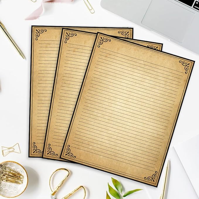 Vintage Lined Paper with Antique Border Design, 200 Sheets, Stationary Paper for Writing Letters, 100gsm, 11 x 8.5'', Aged Stationery for Writing Letters, Invitations, Stationery Writing Papers