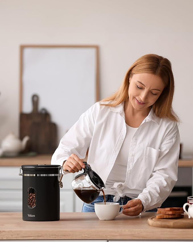 Veken Large Coffee Canister with Window, Rice Kitchen Food Storage Airtight Stainless Steel Container with Lids, Date Tracker and Scoop, Grounds, Beans, Tea, Flour, Cereal, Sugar Jars, 38oz, Black