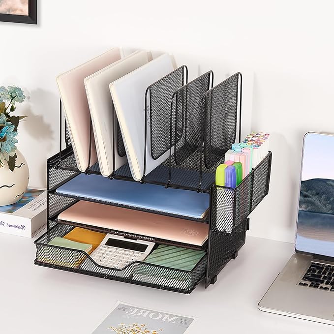 LEKETREE Desk Organizers and Accessories, 3-Tier Paper Organizer with 5 Vertical File Holders, File Organizer for Desk (Black With Drawer, 3T With Drawer)
