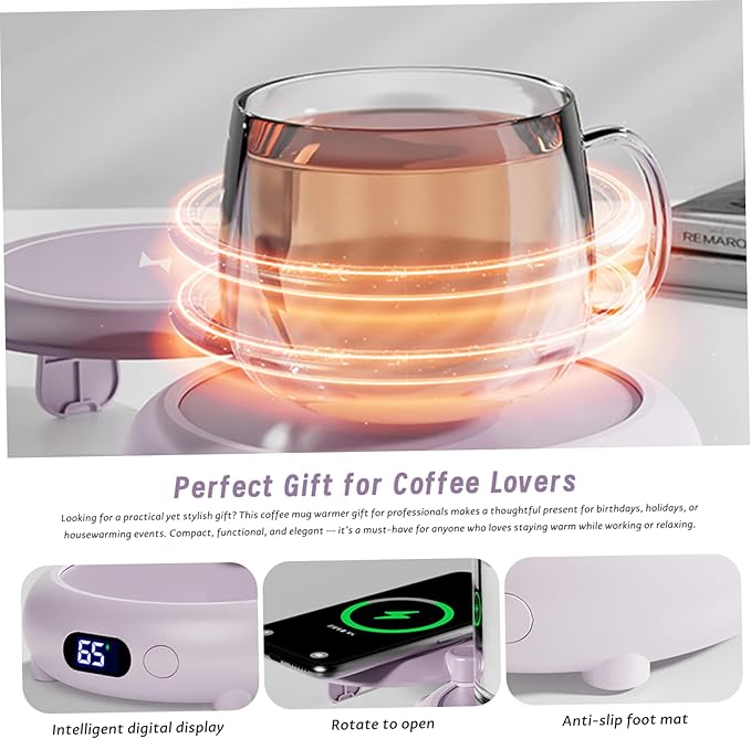 Coffee Mug Warmer for Desk, 3 Heating Setting 2-in-1 Rechargeable Mug Warmer & Phone Chargers Timing Coffee Heater for Desk Home Office