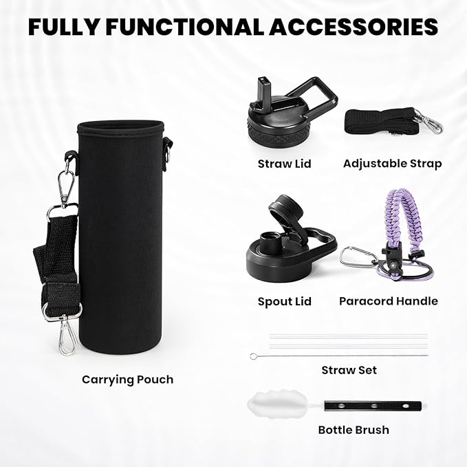 Insulated Water Bottle 24oz, Triple Wall Vacuum Stainless Steel (Cold for 48 Hrs, Hot for 24Hrs), Leak Proof & Non-BPA, 24oz Hydro Water Flask with Paracord Handle & Straw Spout Lids
