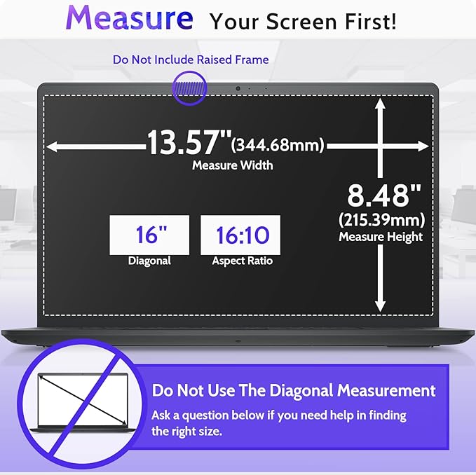 Peslv 16 Inch Laptop Privacy Screen Compatible with Lenovo Hp Dell Acer Asus Thinkpad Envy Xps Computer 16:10 Aspect, Removable Anti Glare Blue Light Filter Protector, 16" Monitor Security Shield