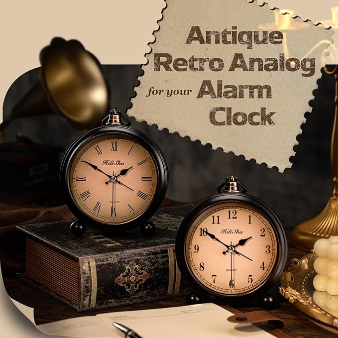 Hdisha Vintage Alarm Clock, 5 inch Battery Operated Silent Non Ticking Snooze Small Clock with Night Light, Old Fashioned Desk Clock Decor for Bedroom, Bedside, Living Room, Room (Roman)