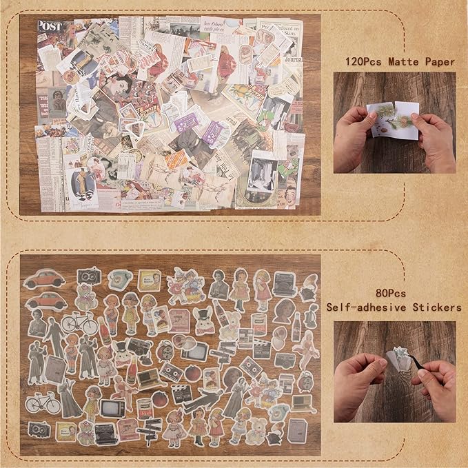 200Pcs Vintage Scrapbook Stickers, Aesthetic Junk Journal Stamping Supplies Kit, Scrapbooking Ephemera Washi Paper for Bullet Journaling Planners Diary Collage (Nostalgic)