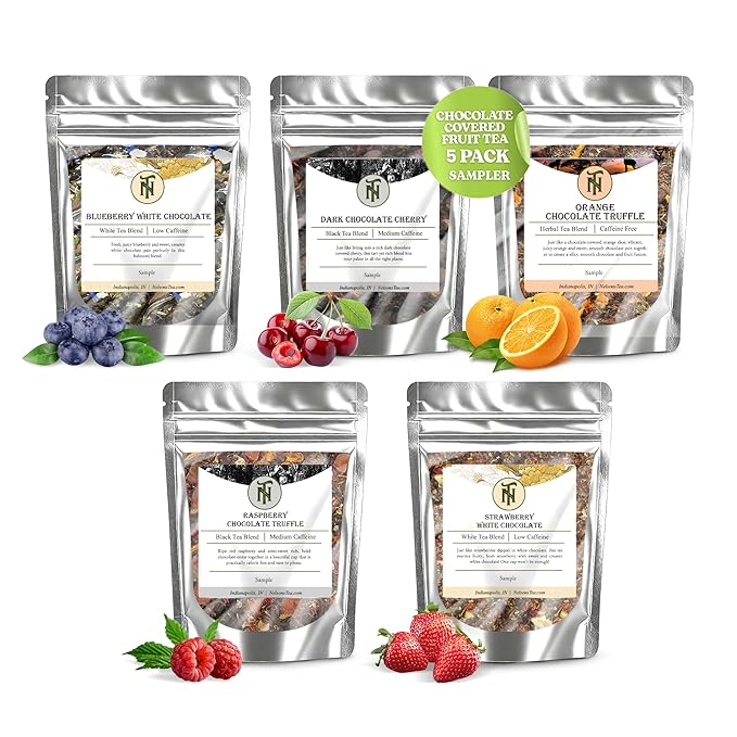 Nelson's Tea Chocolate Covered Fruit Sampler Pack Tea - Blueberry White Choc, Dark Chocolate Cherry, Orange Truffle Choc, Raspberry Truffle Choc., Strawberry White Choc.- Sample Sizes