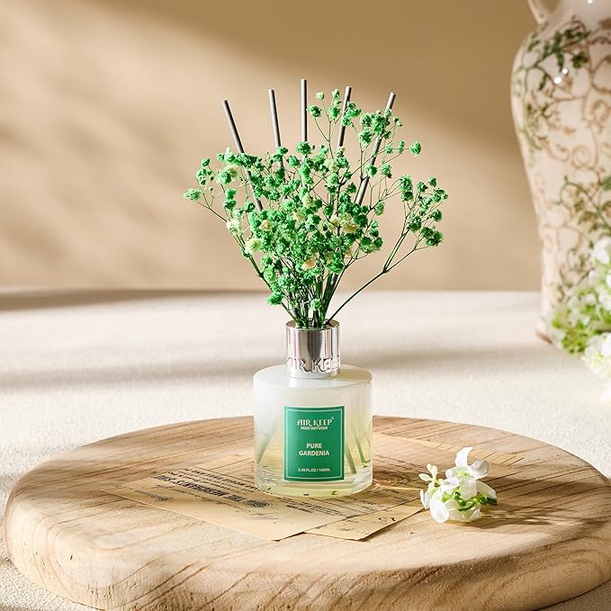Airkeep Reed Diffuser Set,3.38 fl oz (100 ml) - Pure Gardenia Oil Diffusers with 8 Reed Sticks, Home Fragrance Reed Diffuser for Bathroom Shelf Decor