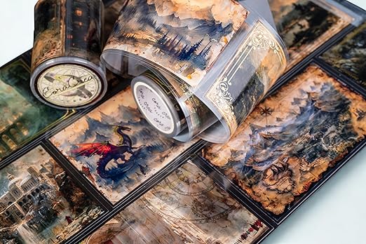 Fantasy Landscape Transparent Vintage Washi Tape 6x5 cm – Decorative Scrapbooking Craft Adhesive Roll, Magical Scenery, Enchanted World Illustration Design for Journals, Planners, Cards & DIY Projects