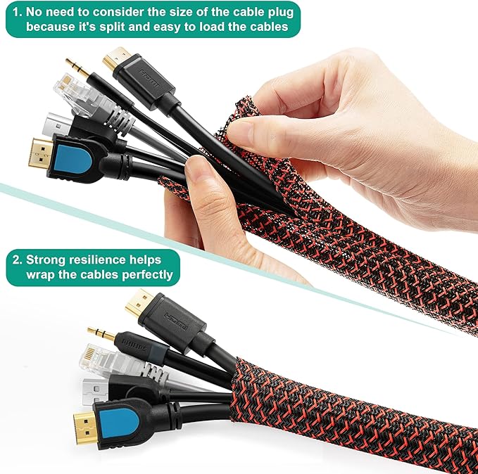 ZhiYo 6.6ft - 1/2 inch Cable Sleeve, Cord Wrap Wire Protector Tubing for Pets, PC Cable Wrap, Computer Cable Management Sleeve - Black - Red