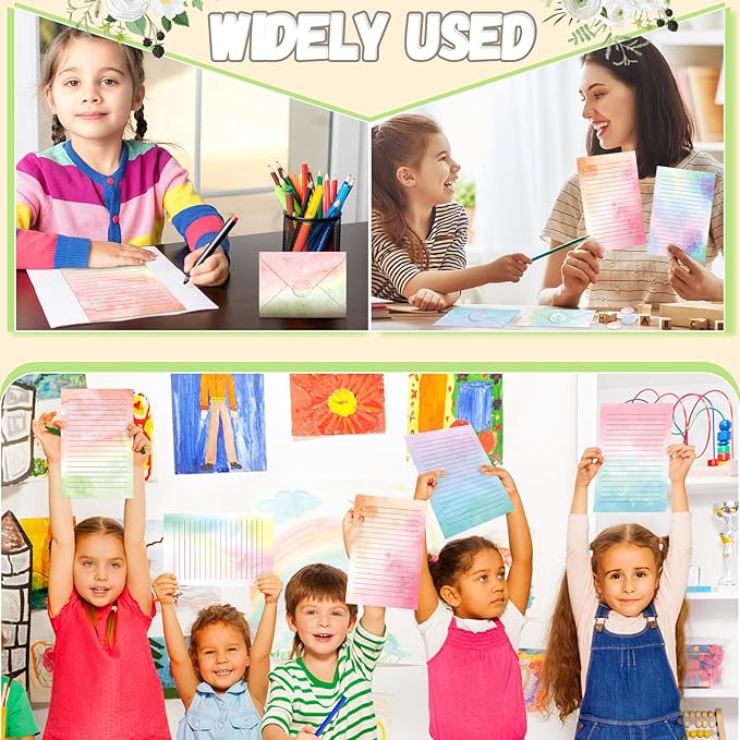 TaoBary 160 Pcs Stationery Paper Set 50 Double Sided Stationery Papers with 50 Matching Envelopes and 60 Round Dot Sticker, 10 Design(Watercolor,8.5 x 11 Inch)