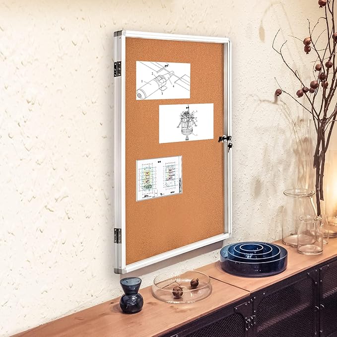 BIBOC EnclosedCork Bulletin Board 36x24 inch Lockable Cork Noticeboard Display Cases Tamperproof Notice Poster Memo Board with Class 1 Aluminum Frame (Cork, 24×36 inches)