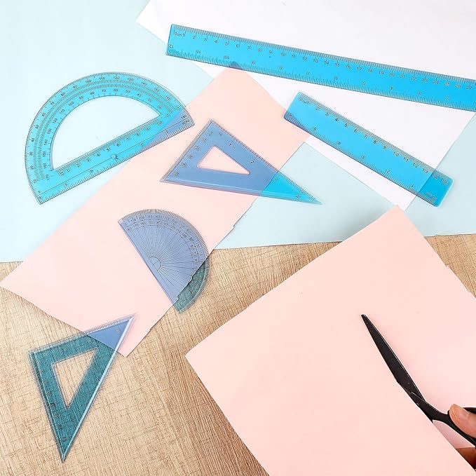 Tenare 1 Set Plastic Clear Math Set Includes Protractor Triangle Rulers 12 Inch 6 Inch Straight Geometry Math Transparent Ruler Measuring Tool for School Office Home Supplies(Blue)