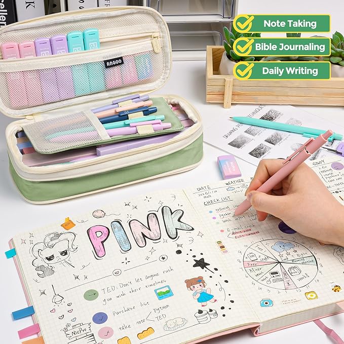 Nicpro 50PCS Aesthetic School Supplies with Cute Pencil Case, 5 Quick Dry Black Ink Pens, 12 Pastel Highlighters, 6 Mechanical Pencil 0.5, 0.7, 0.9 & 2.0 mm for Students Stationary College Essentials