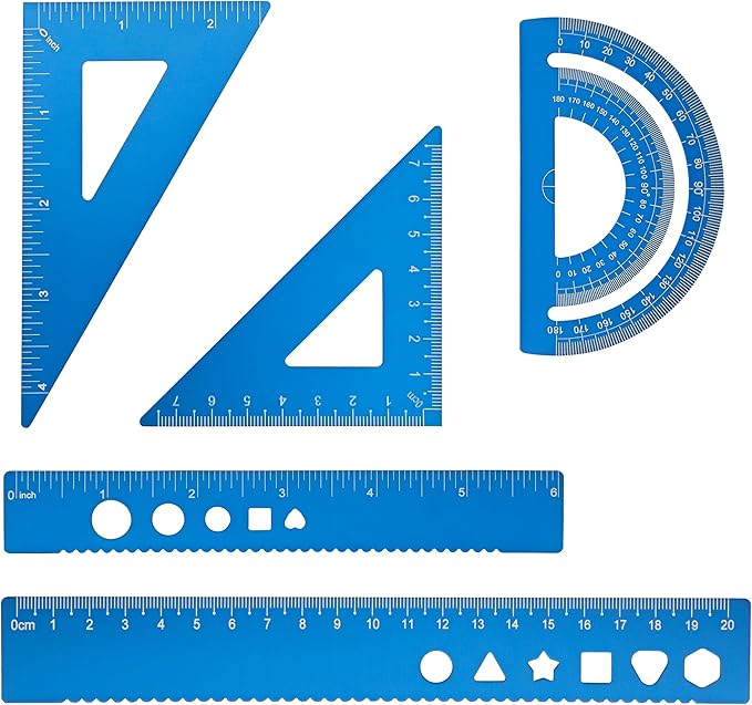 Zotemo 5 Pcs Metal Geometry Set, Math Drafting Ruler Kit- Aluminum Triangle Rulers, Protractor, 8 Inch and 6 Inch Drawing Ruler, Measuring Tool for School and Office Supplies (Blue)