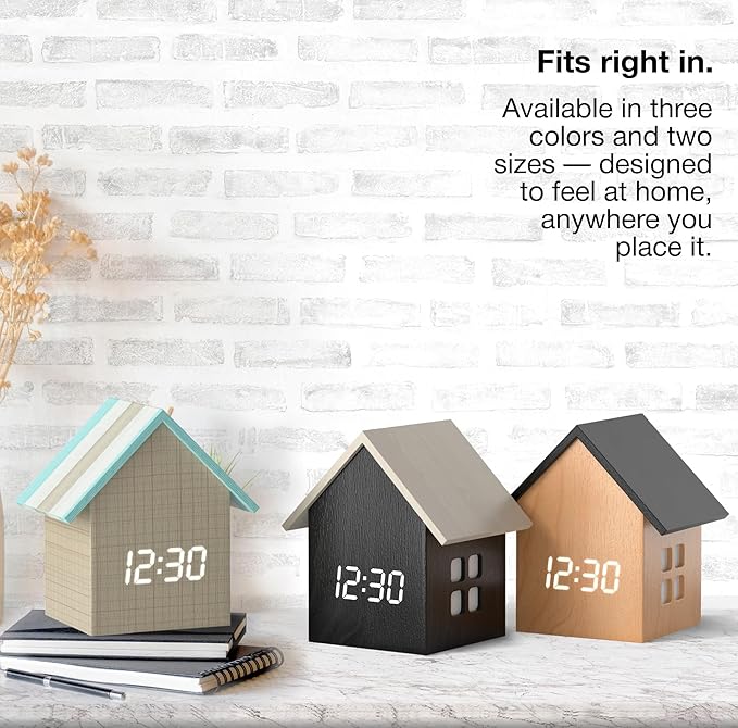 Driini Digital House Shaped Alarm Clock with Temperature Display (Stripe Wood) – Modern Aesthetic - Cute Cube Frame and White LED Dimmer - Perfect Small Desk Clock for Bedside Table or Bedroom Mantle