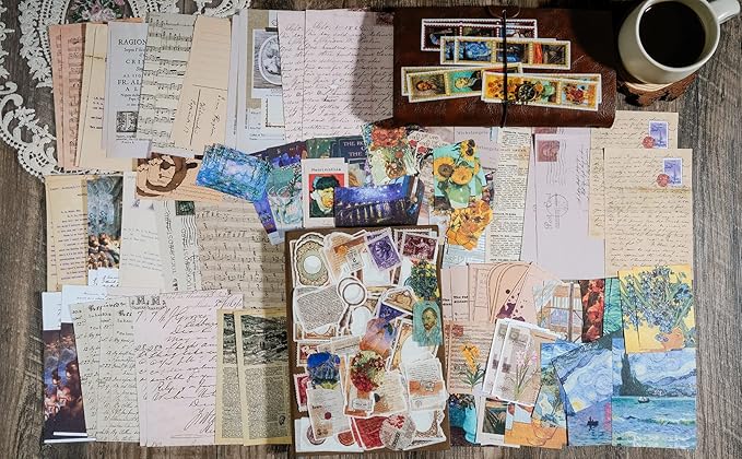 Knaid Vintage Scrapbook Supplies Pack (200 Pieces) for Junk Journal Bullet Journals Planners Aesthetic Paper Stickers Craft Kits Cottagecore Collage Album (Artistic)