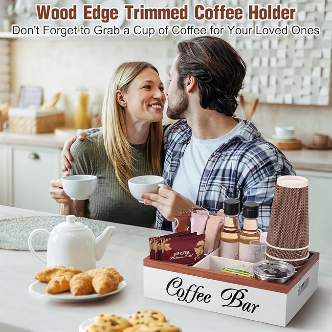 Wooden Coffee Organizer Holder with Divided Sections & Cutout Handle, Farmhouse Coffee Bar Organizer for Pods, Cups, Lids, Syrups, Stirrers & Accessories – Ideal Gift for Home or Office-White