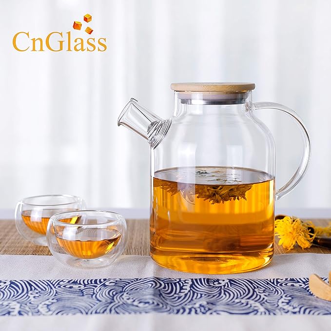 CnGlass Glass Teapot Stovetop Safe,50.7oz Clear Glass Pitcher with Removable Filter Spout for Loose Leaf and Blooming Teabag