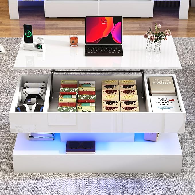 39.4" Large Lift Top Coffee Table,Modern High Glossy LED Coffee Tables for Living Room with Storage,Black Living Room Tables for Living Rooms,Dining Room,Bedroom Home Office,APP LED Lights(White)