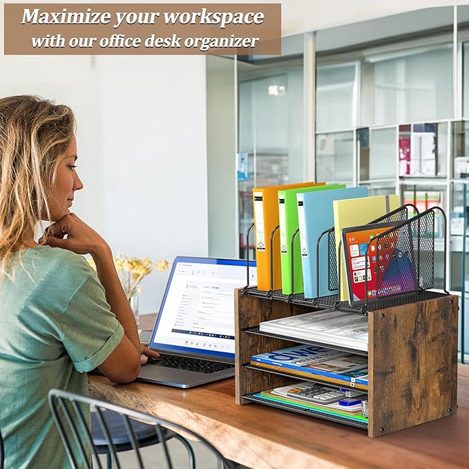 4-Tier Desk Organizer, Desk File Organizer with 5 Vertical File Holders, Office Desktop Organizer with 3 Level Paper Organizer Letter Tray, Wooden Desk Organizers and Accessories for Home Office
