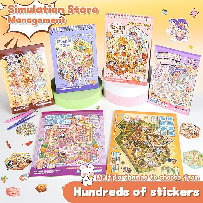 ASTARON 6 Sets DIY 3D Sticker Scene Book Sticker Therapy for Adults, Make Your Own Mini Cozy Shop House Room Stickers Cute Cartoon Miniature Stickers, Relief Stress Pass The Time