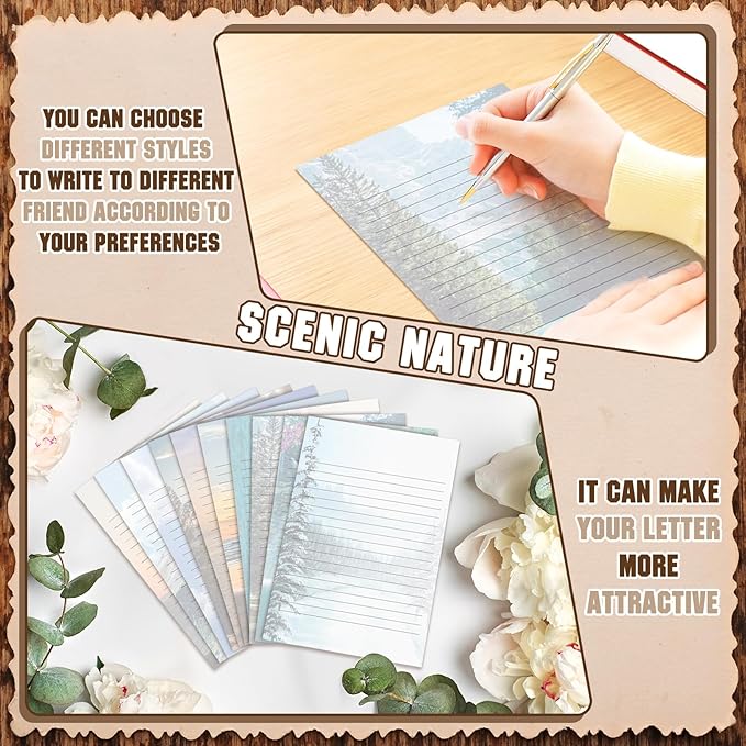 TaoBary 160 Pcs Stationery Paper Set 50 Double Sided Stationery Papers with 50 Matching Envelopes and 60 Round Dot Sticker, 10 Design(Scenic Nature,5.5 x 8.25 Inch)
