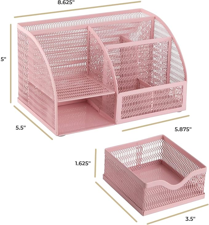 BLU MONACO | Light Pink Desk Organizer | Metal Drawer Desk Organizer with 6 Compartments and 1 Drawer | Cute Office Accessories for Women Home School