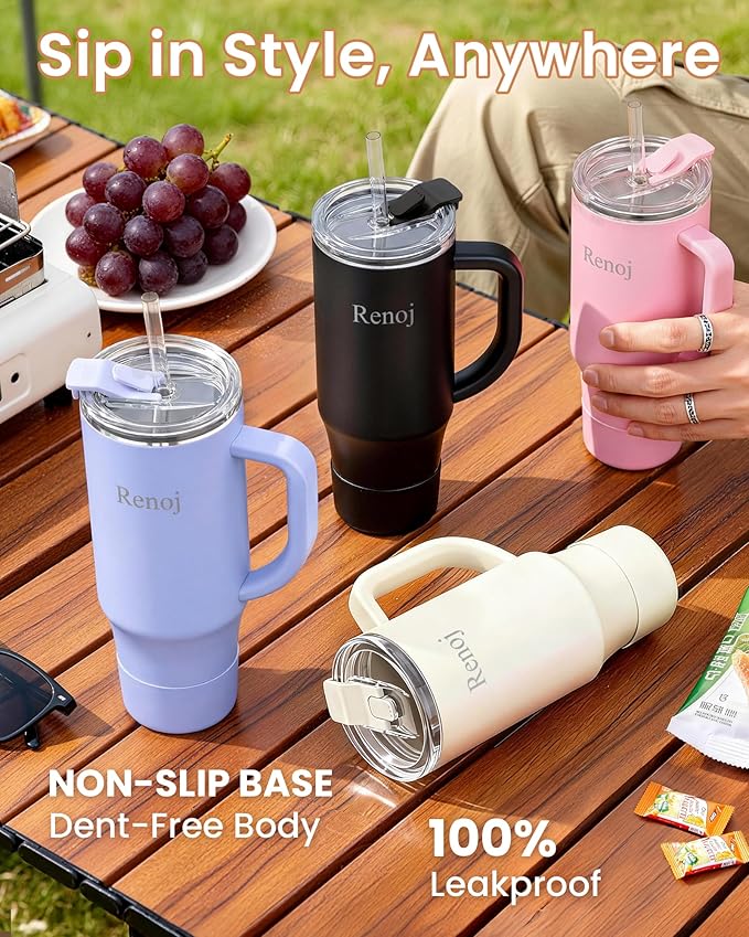 Renoj Tumbler with Handle 100% Leak Proof Insulated Water Bottle for Iced Coffee & Hot Drinks - Fits Car Cup Holder, Ideal Gift, 2 Straws & Silicone Boot BPA-Free - SnapShift Blue 40 oz