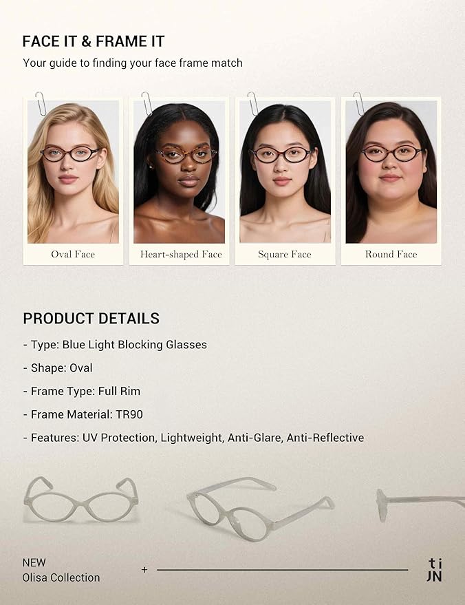 TIJN Olisa Blue Light Blocking Glasses for Women Men,Oval Glasses Frame Bluelight Glasses for Gaming/Computer/Screen
