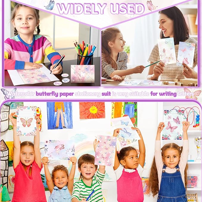 TaoBary 160 Pcs Stationery Paper Set 50 Double Sided Stationery Papers with 50 Matching Envelopes and 60 Round Dot Sticker, 10 Design(Watercolor Butterfly,5.5 x 8.25 Inch)