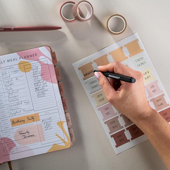 DiverseBee Laminated Planner Monthly Tabs, 24 Peel and Stick Tabs for Notebooks (12 Month Tabs and 4 Blank Tabs), Calendar Monthly Tab Stickers for Planners, Monthly Dividers (Peony)