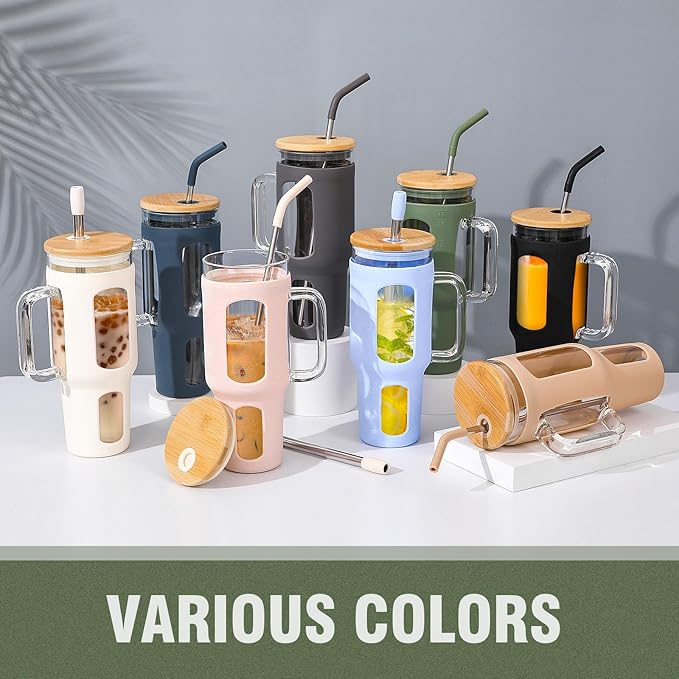 Glass Tumbler with Lid and Straw, 46 oz Iced Coffee Cup with Handle, Large Water Bottles with Silicone Sleeve, Glass Cup with Straws - Pearl Straw & Drinking Straw BPA Free-Olive