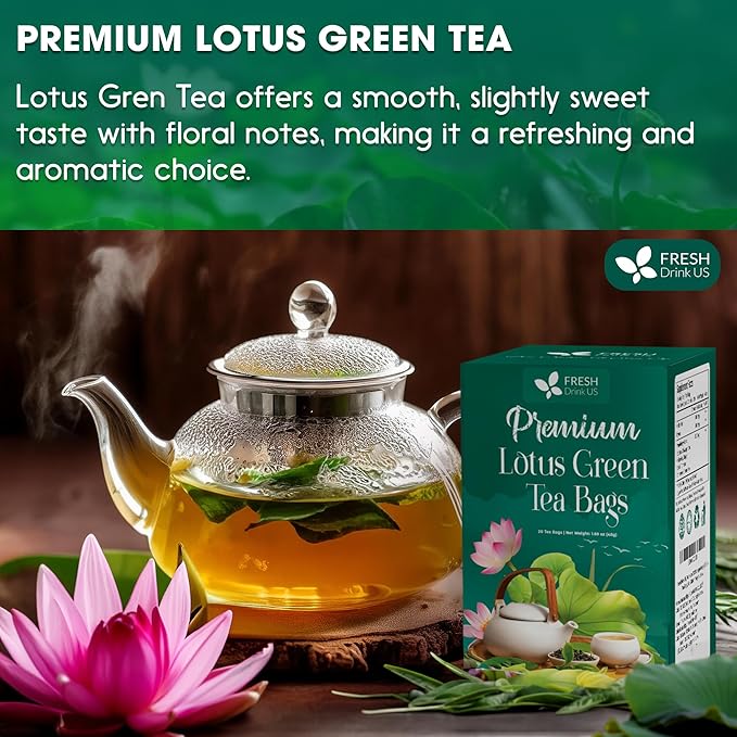 FreshDrinkUS, Premium 20 Tea Bags of Lotus Green Tea, 100% Natural. Exquisite Flavor, Handpicked Leaves, Perfect for Tea Lovers. No Sugar, No Gluten, Vegan.