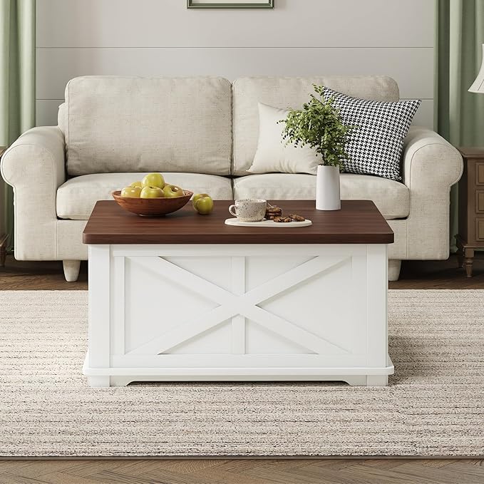 Airynee Farmhouse Coffee Table with Hydraulic Lifter, Square Coffee Table with Large Hidden Storage Compartment for Living Room, Wooden Coffee Tables with Brown Flip-Top Lids for Home Office, White
