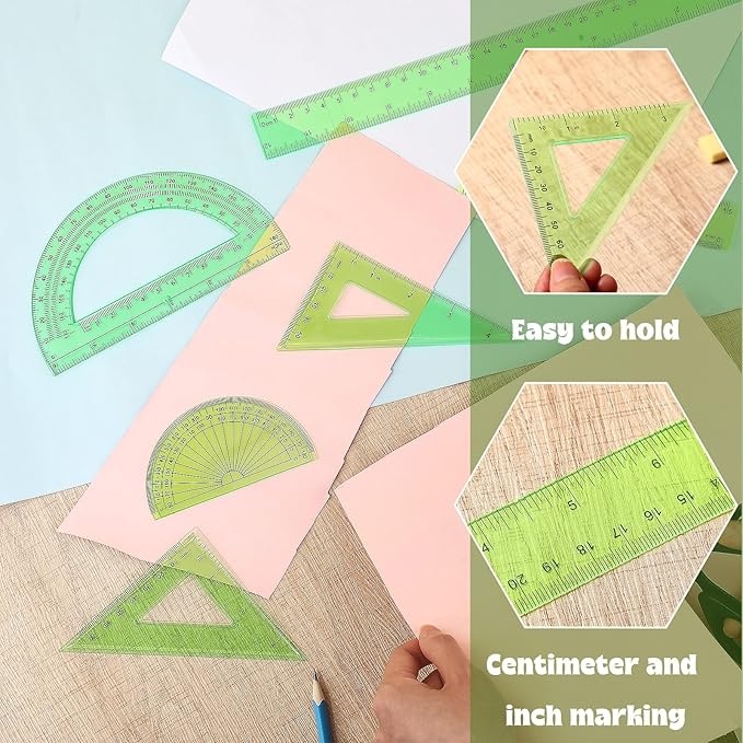 Tenare 1 Set Plastic Clear Math Set Includes Protractor Triangle Rulers 12 Inch 6 Inch Straight Geometry Math Transparent Ruler Measuring Tool for School Office Home Supplies (Green)