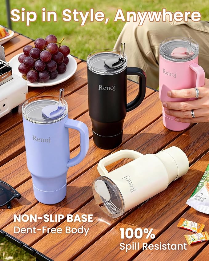 Renoj Tumbler with Handle 100% Spill Resistant Insulated Water Bottle for Iced Coffee & Hot Drinks - Fits Car Cup Holder, Ideal Gift, 2 Straws & Silicone Boot BPA-Free - FlexSlide White 40 oz
