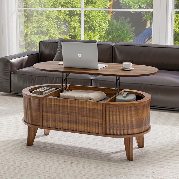 LYNCOHOME Fluted Lift Top Coffee Table with Storage,Modern Oval Coffee Table for Living Room or Home Office(Walnut)