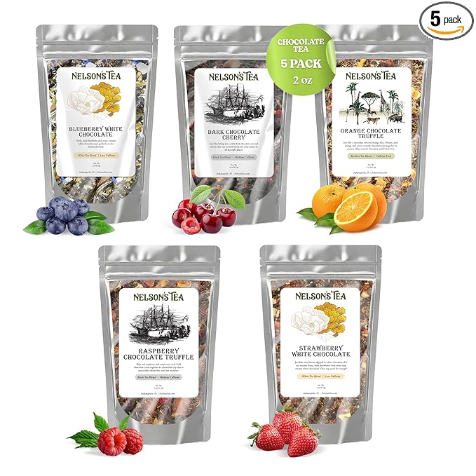 Nelson's Tea Chocolate Covered Fruit Sampler Pack Tea - Blueberry White Choc 1.6 Oz, Dark Chocolate Cherry 2 Oz, Orange Truffle Choc 2oz, Raspberry Truffle Choco 2oz, Strawberry White Choc. 2 Oz