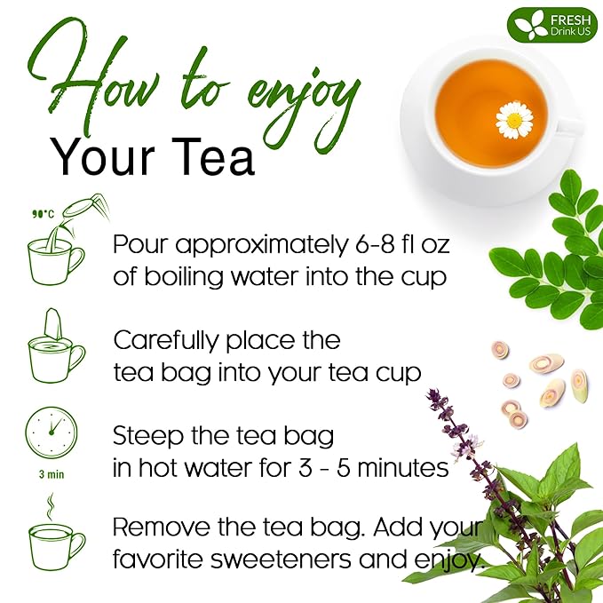FreshDrinkUS, Premium 75 Tea Bags Tulsi Moringa Lemongrass, 100% Natural & Pure from Tulsi Holy Basil Leaves, Moringa & Lemongrass. Made with Natural Material Tea Bags. No Sugar, No Caffeine, Vegan.