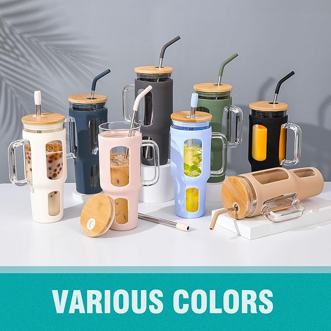 Glass Tumbler with Lid and Straw, 46 oz Iced Coffee Cup with Handle, Large Water Bottles with Silicone Sleeve, Glass Cup with Straws - Pearl Straw & Drinking Straw BPA Free-White