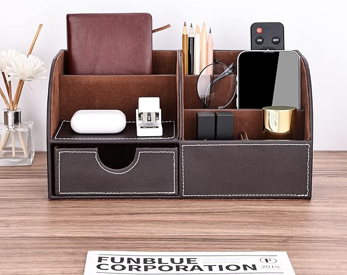KINGFOM Pu Leather Desk Organizer Pen Pencil Holder Office Supplies Caddy Storage Box 6 Compartments with Drawer Brown